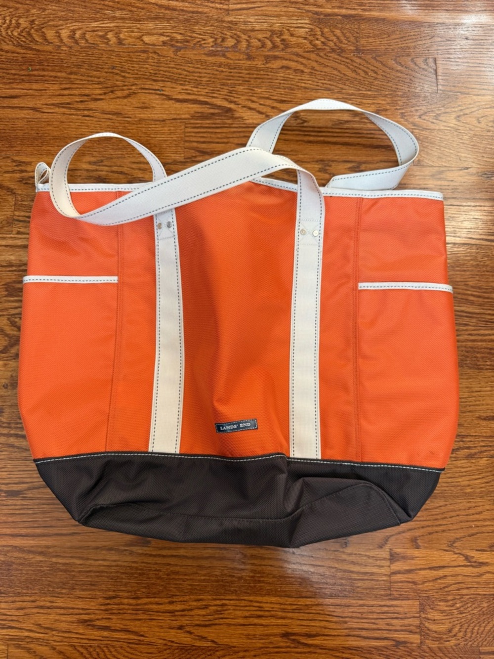 Lands' End Orange Canvas Duffel with White Trim and Brown Base